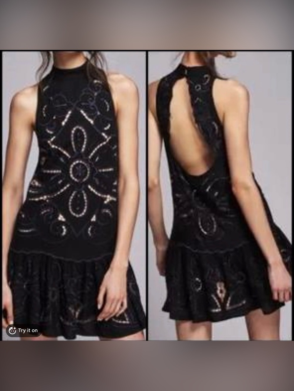 Free People Black Cut Out Lace Blue Embroidered Open-Back Halter Mini Dress Sz S